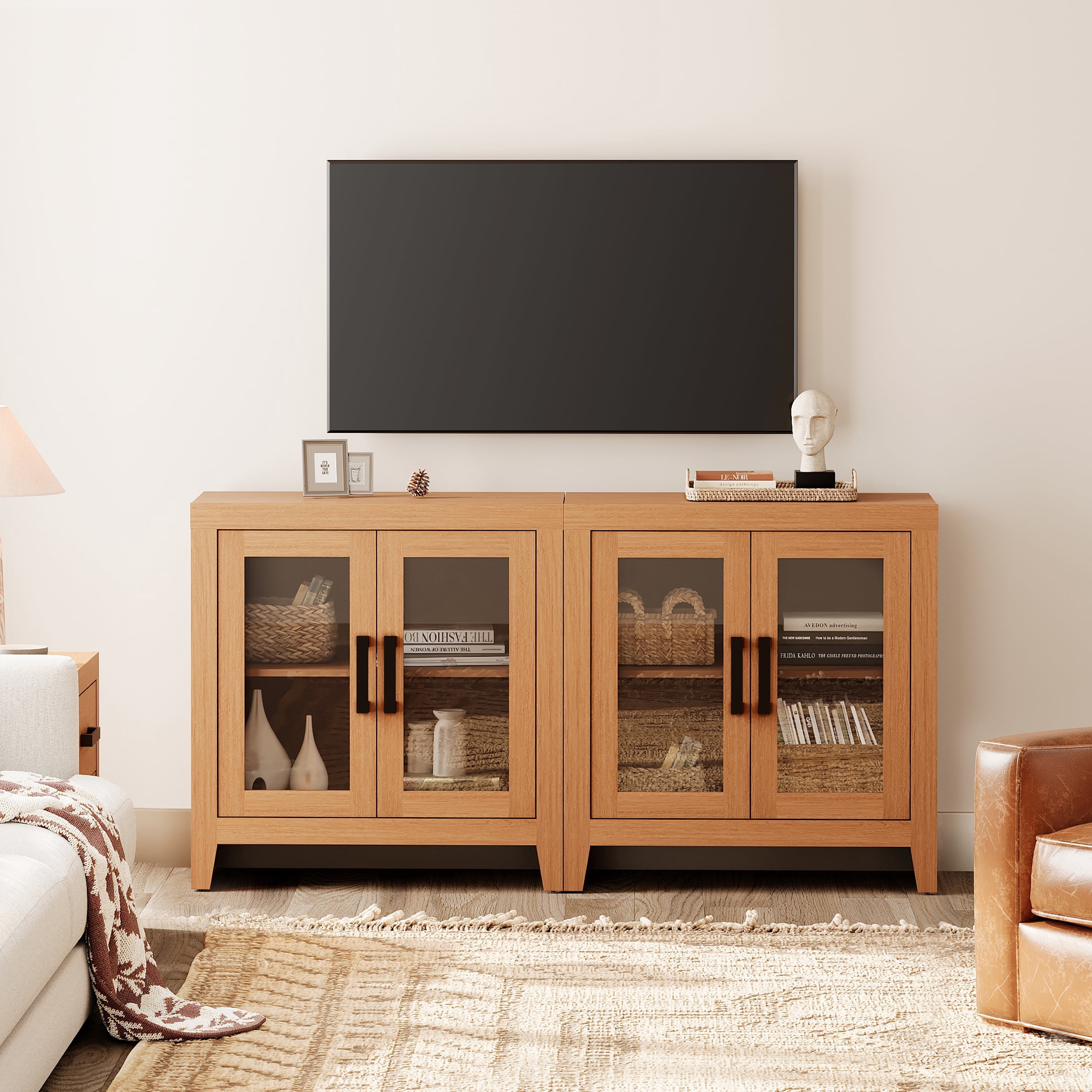 WAMPAT Modern Farmhouse TV Stand up to 70"TV, Entertainment Center with Tempered Glass Doors & Adjustable Shelves, Mocha