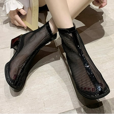 

MIASHUI Women s Ankle Bare Round Toe Mesh Front Zipper Boots Square Heel Short Booties Women Sneakers Shoes Wedges Women Shoes Casual
