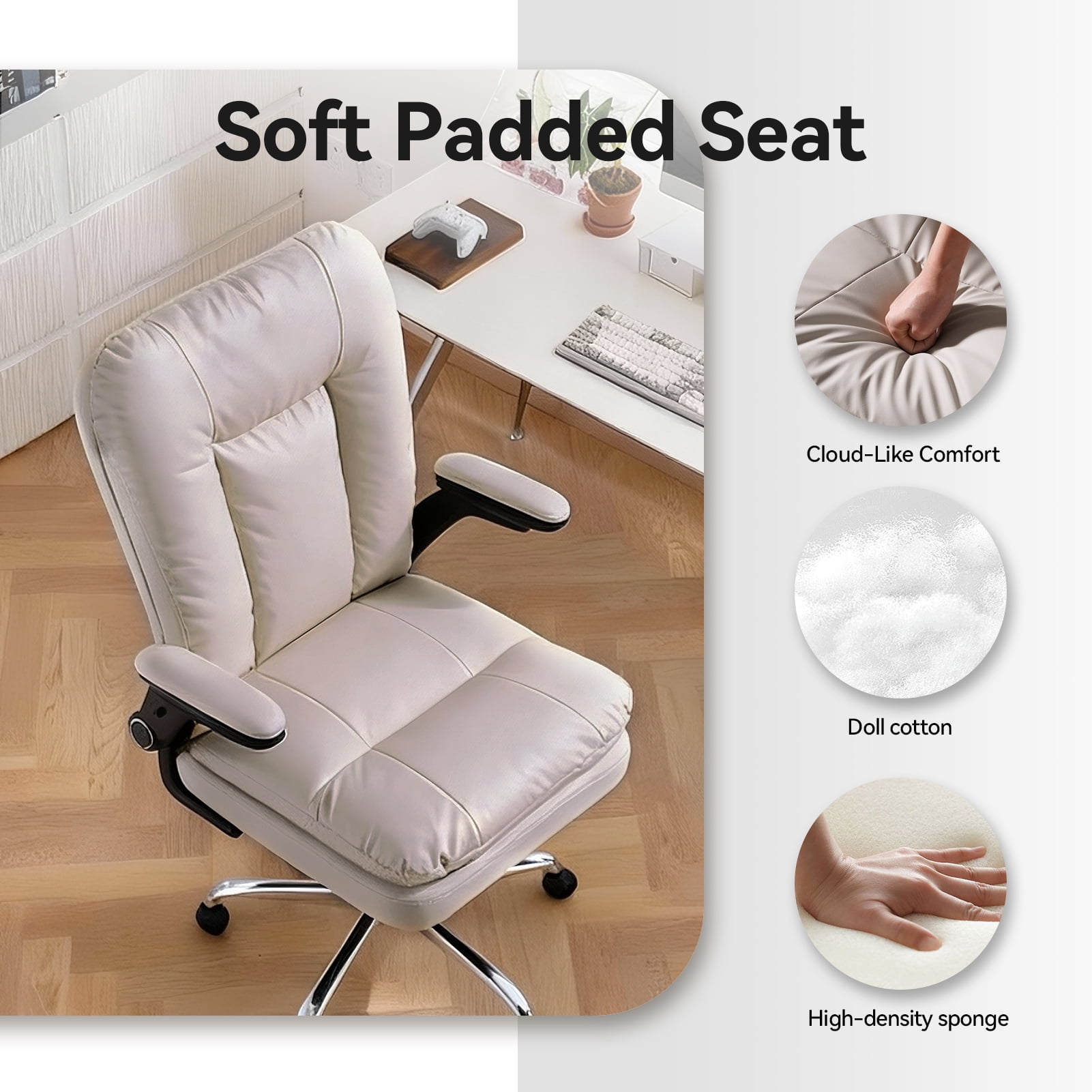 LEAGOO Ergonomic Executive Office Chair, Mid Back Comfy Desk Chairs with 3D Padded Flip-up Arms, Faux Leather Computer Rolling Chair with Wheels for Home, Adjustable Height, 300lbs, Beige
