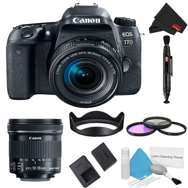 Canon EOS 77D DSLR Camera with 18-55mm Lens Bundle w/ 3 Piece Filter Kit + 10-18mm Lens (Intl Model)