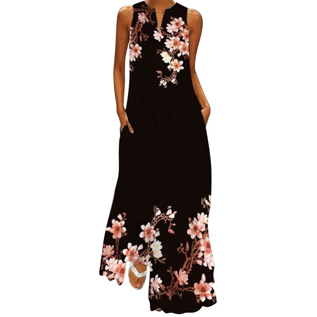 Robes d'Été pour Femmes 2022 Robe d'Été Sans Manches Imprimée Col en V Maxi Ample Boho Plage Longue Robe d'Été avec Poches