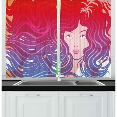 Modern Curtains 2 Panels Set Graphic Little Mermaid Face And Wavy