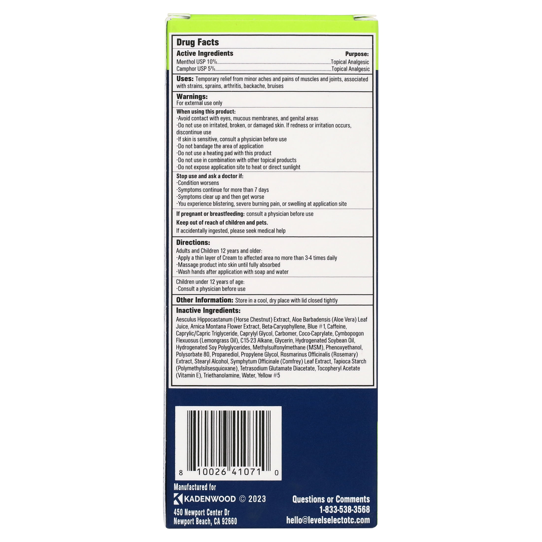Level Select OTC Sports Therapy Cream; Topical Pain Relief 3.4oz