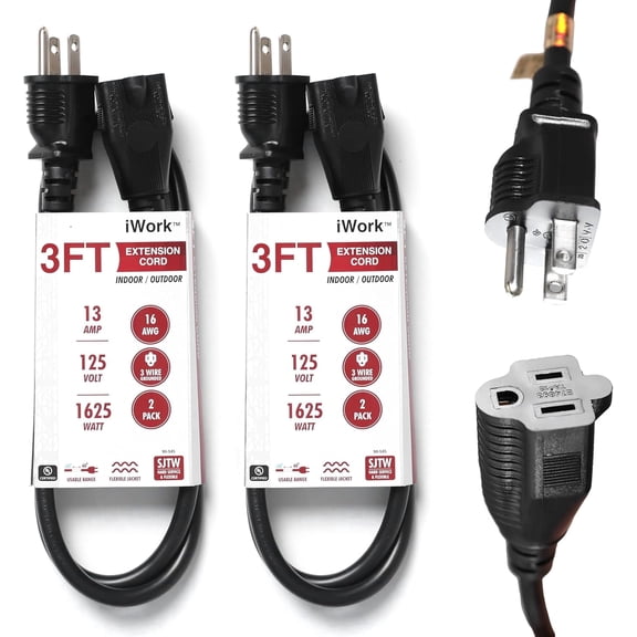 iWork 2-Pack 3ft Black Extension Cord, 16/3 Sjtw Heavy-Duty Power Cable, UL Listed, Weather-Resistant Cable for Indoor & Outdoor Use, 13 Amp/1625 Watt Capacity – 3 Prong Single Outlet Extension Cord