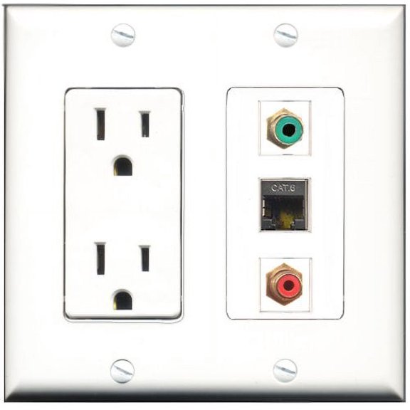 RiteAV - 15 Amp Power Outlet 1 Port RCA Red 1 Port RCA Green 1 Port Shielded Cat6 Ethernet Ethernet Decorative Wall Plate