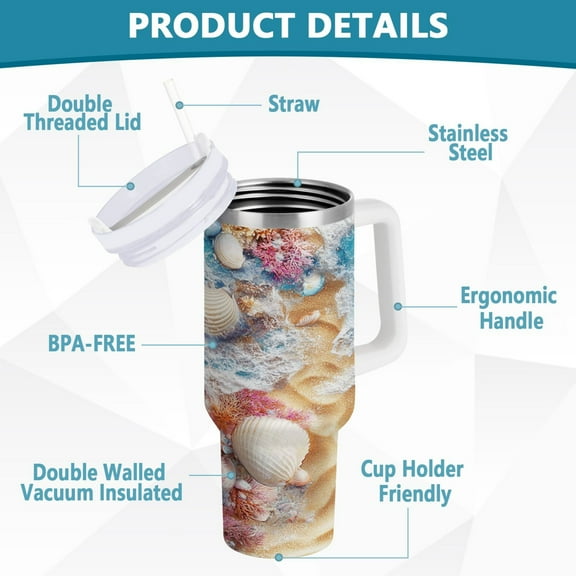 YAZAOO Tumbler 40oz Insulated Stainless Creative Seashells Beach Art Pattern Steel Water Bottles
