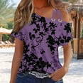 thumbnail image 2 of Off the Shoulder Tops for Women Summer Trendy Cross One Shoulder Floral Short Sleeve Shirts Casual Tunic Blouses (M, Purple), 2 of 5