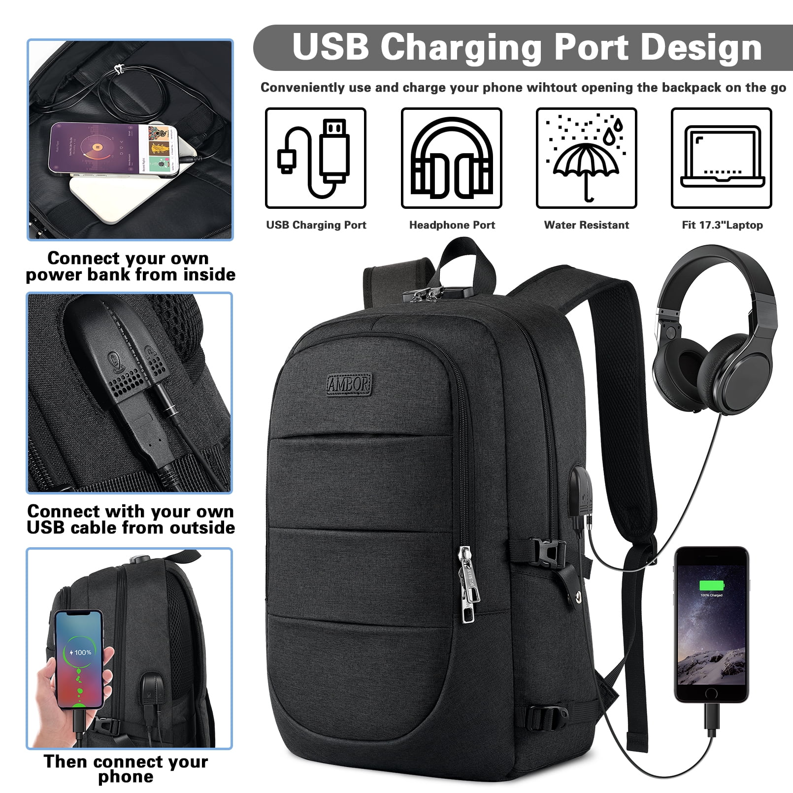 ambor 17.3inch travel laptop backpack AMBOR 17.3 inch Anti Theft Business Laptop Backpack for Men & Womenwith, Travel  Bag，with USB Charging Port and Headphone Interface, Black