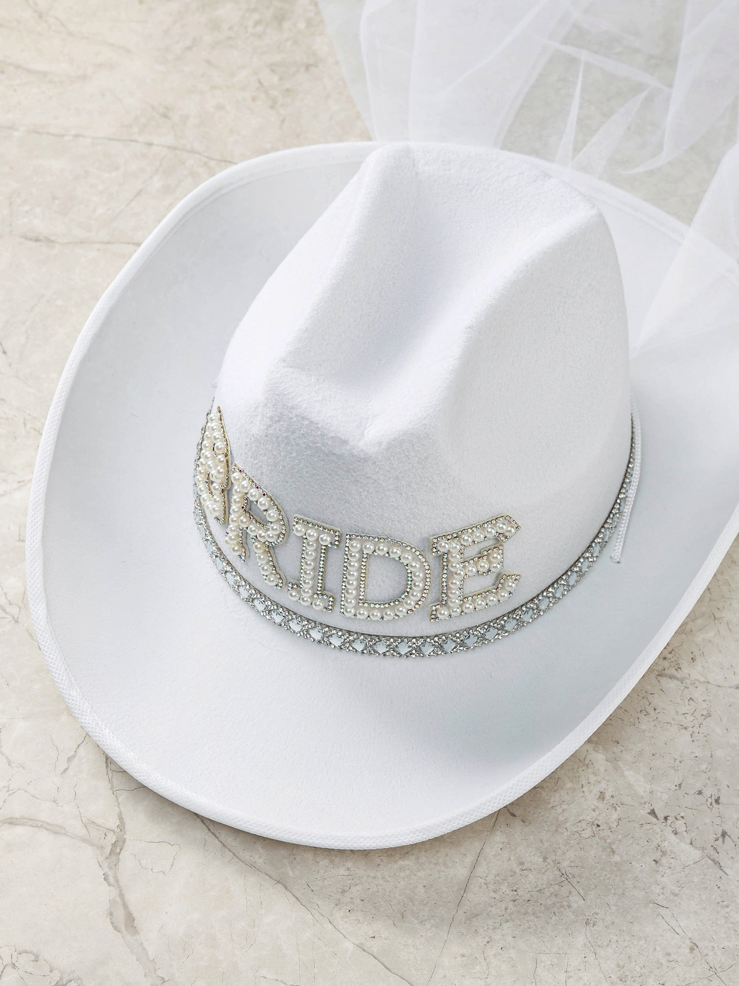 Bride Cowgirl Hat with Veil, Adult, White, 1 piece by Trimmings