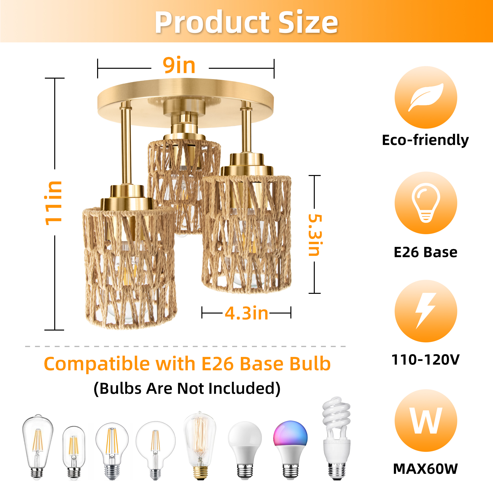 Hlite Boho Flush Mount Ceiling Light with Hand Woven Rattan Shades,3-Light Rustic Ceiling Light for Hallway Kitchen Living Room,Bulb Not Included,1 Set