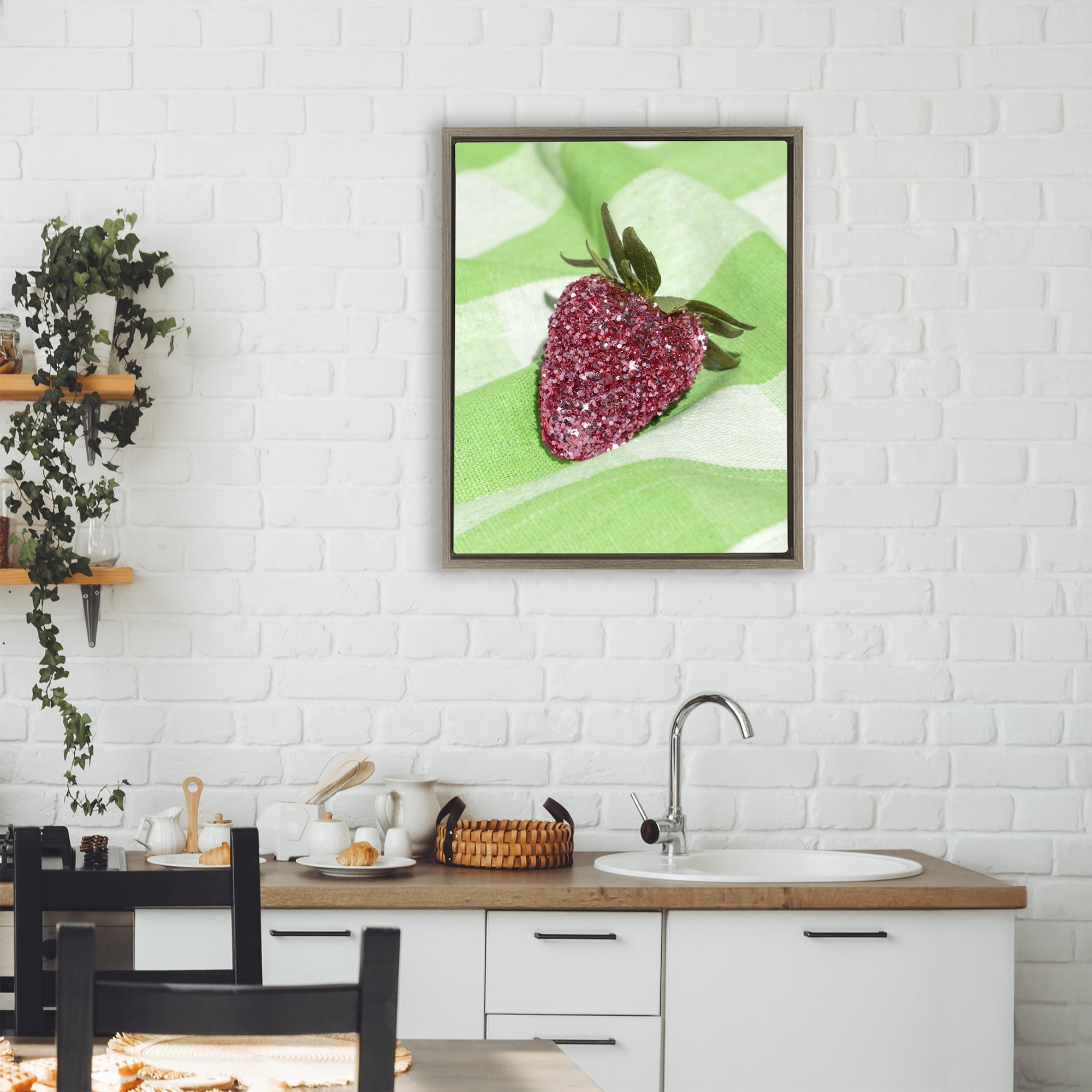Stupell Industries Glimmer Strawberry on Green Brown Framed Floater Canvas Wall Art, design by LISH Creative