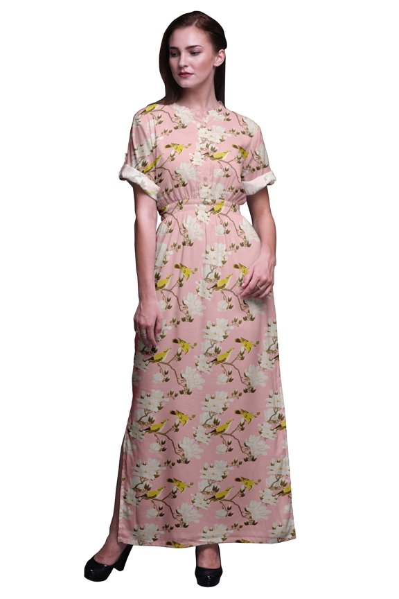 Rayon Floral & Leaves Bird Bird Womens Printed Side Slit SummerÂ&nbsp;DressÂ&nbsp;Long Maxi Gown-Medium