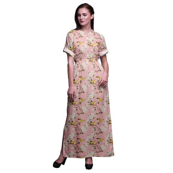 Bimba Rayon Floral & Leaves Bird Bird Womens Printed Side Slit Summer Dress Long Maxi Gown-Medium