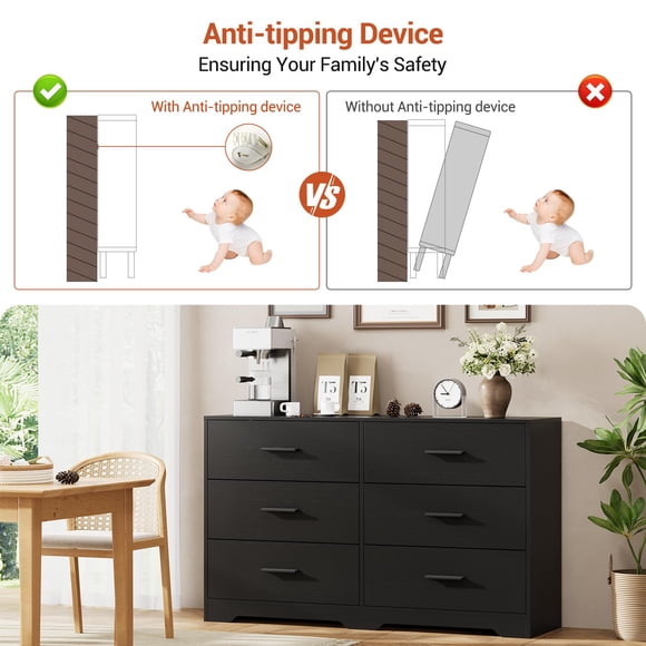 Kojooin 6 Drawer Double Dresser, 47" Wide Dresser TV Stand, Modern Chest of Drawers for Bedroom, Large Storage Space Organizer Cabinet with Metal Handle for Living Room Hallway