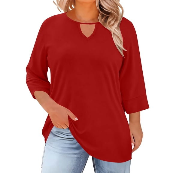 Lenpel Women's Plus Size Tops 3/4 Length Sleeve Crew Neck Cut out T Shirts Soft Casual Tees Loose Tunic Blouses(Red,X-Large)