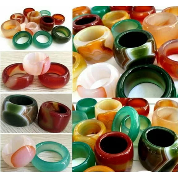 K-KED 10pcs Natural A Jade Jadeite Ring Agate Exquisite Thumb Ring US Size 9-13 Mix