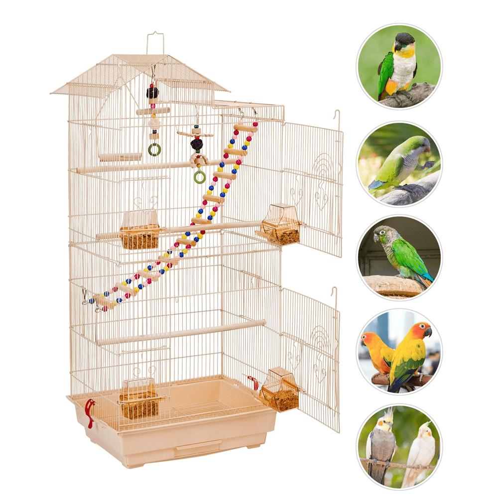 Alden Design 39"H Metal Large Roof Top Parrot Cage with Perches and Toys, Almond