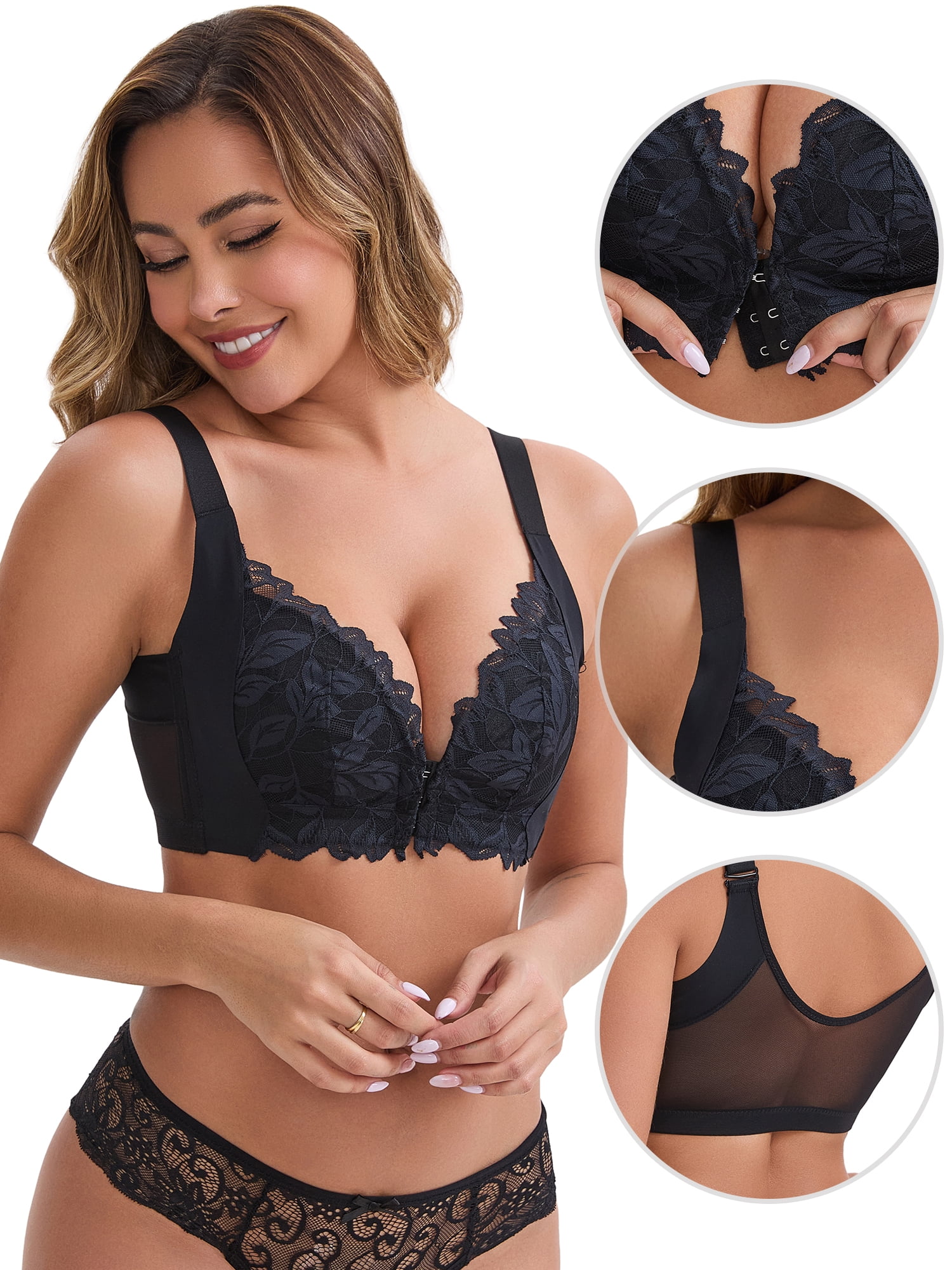 DARING DIVA Women's Deep V Adjustable Straps Underwire Minimizer Push-Up Bra L Black