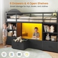 thumbnail image 3 of Mabor Twin Size Low Loft Bed with 6 Storage Drawers,Twin Loft Bed with Bookcase & LED Lights, Upholstered Headboard, Secret Play Space, Metal Bed Frame with Safety Guardrail & Inclined Ladder,Black, 3 of 9