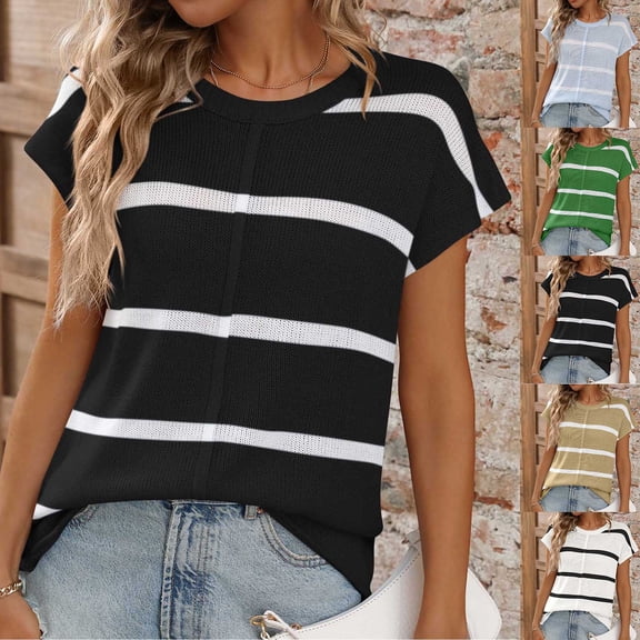 CHUMUD Womens Summer Tops Cap Sleeve Crew Neck Top Loose Fit Striped Knit Top Going Out Clothes