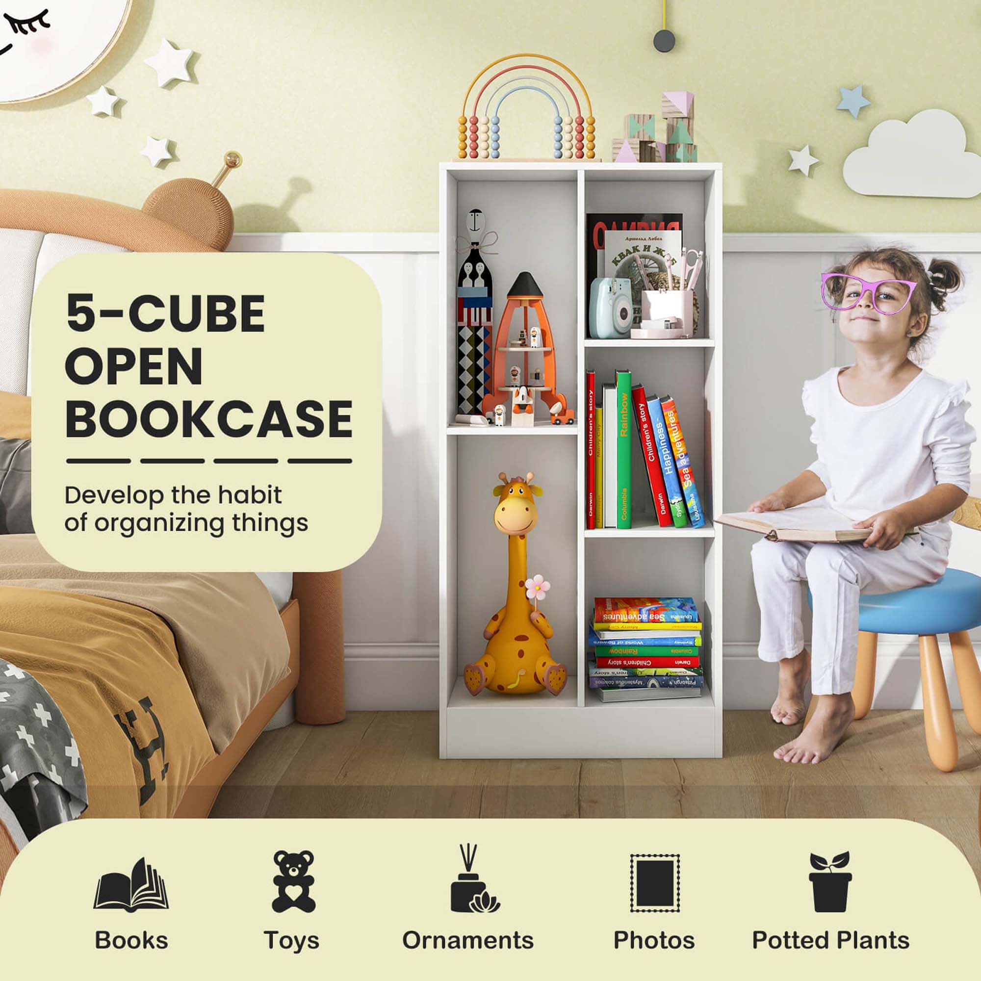 Costway 5-Cube Bookcase for Kids 41" Wooden Toy Storage Organizer for Kid's Room White