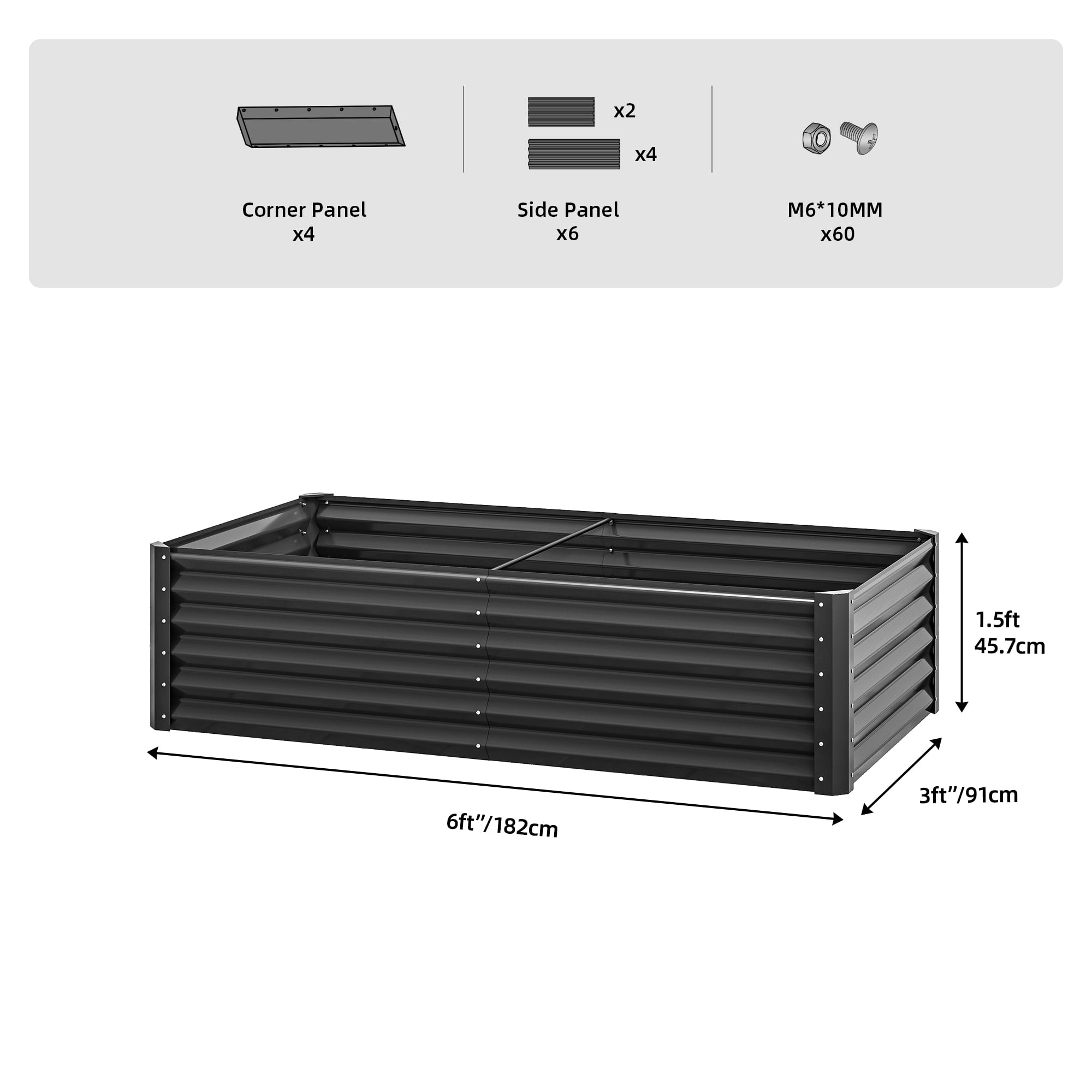 Dextrus 6x3x1.5 Ft Raised Garden Bed Kit with Gloves, Large Galvanized Metal Planter Box, Black
