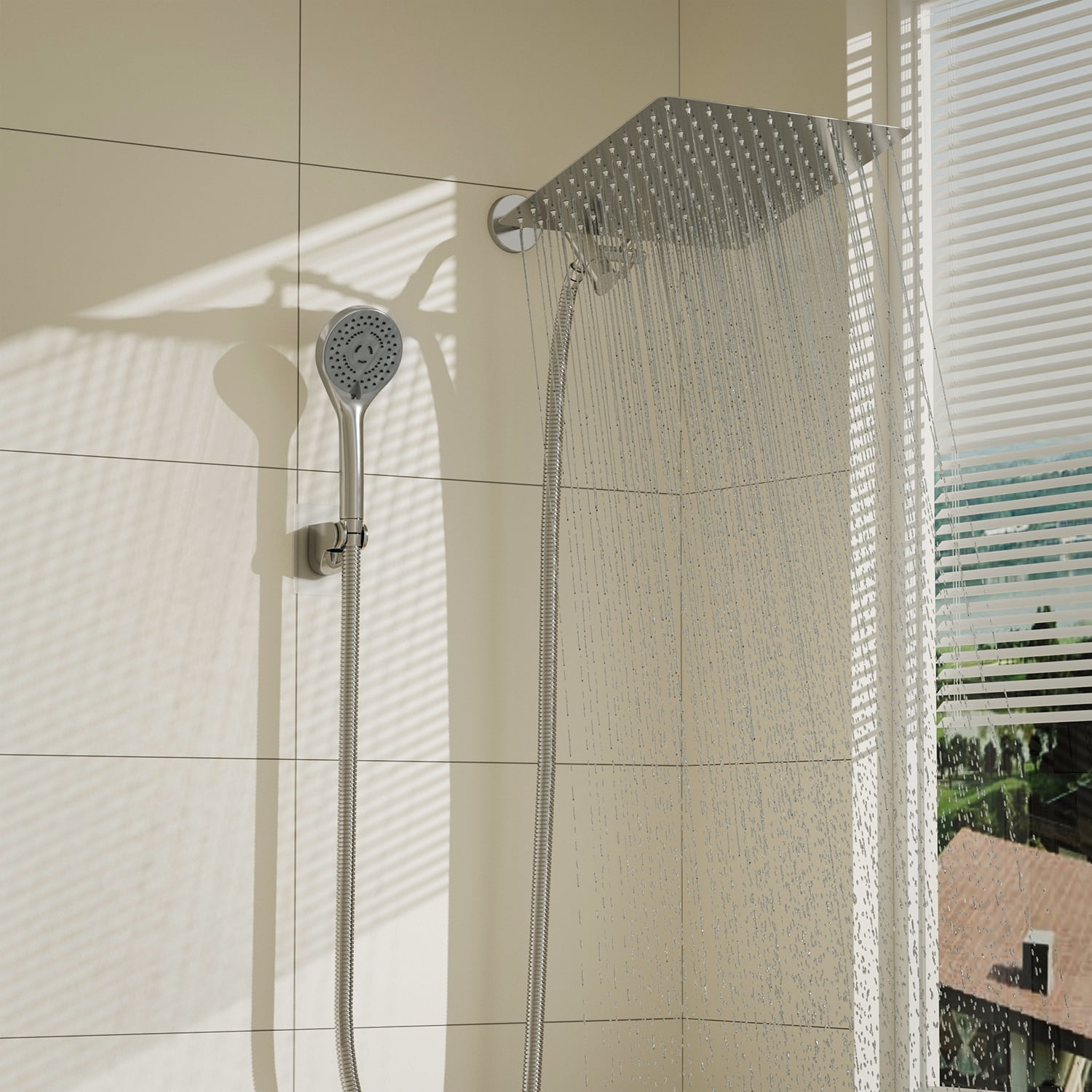 DTIG 12-Inch Rain Shower Head with 5 Settings, High-Pressure Handheld Showerhead, Bracket, and Hose, Silver
