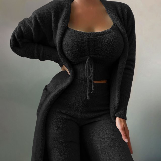 Puntoco Chalecos sólidos ocasionales de las mujeres y tops de abrigo de manga larga y pantalones largos trajes pijamas conjunto de 3 piezas liquidación Puntoco Puntoco-6157