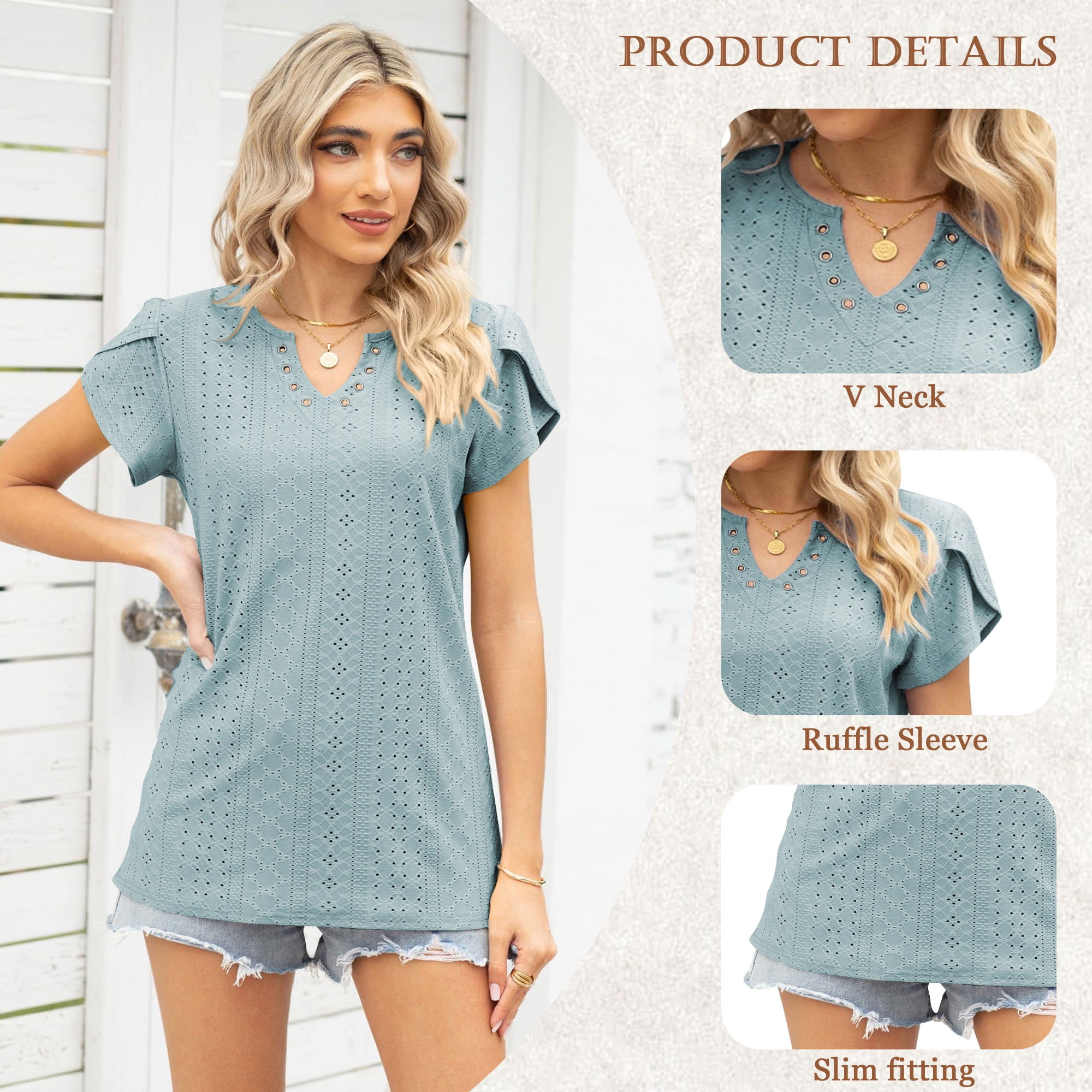 TEMOFON Women T-shirts Summer Short Sleeve Tops Casual Ruffle Sleeve Tunic Tops Trendy V Neck Tops Loose Ladies Shirts Blouses Blue 3XL