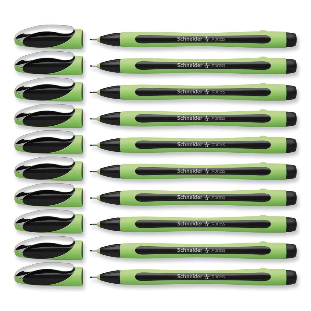 Schneider 190001 0.8 mm Xpress Fineliner Porous Point Stick Pen - Medium/Black Ink/Black/Green Barrel (10/Box)