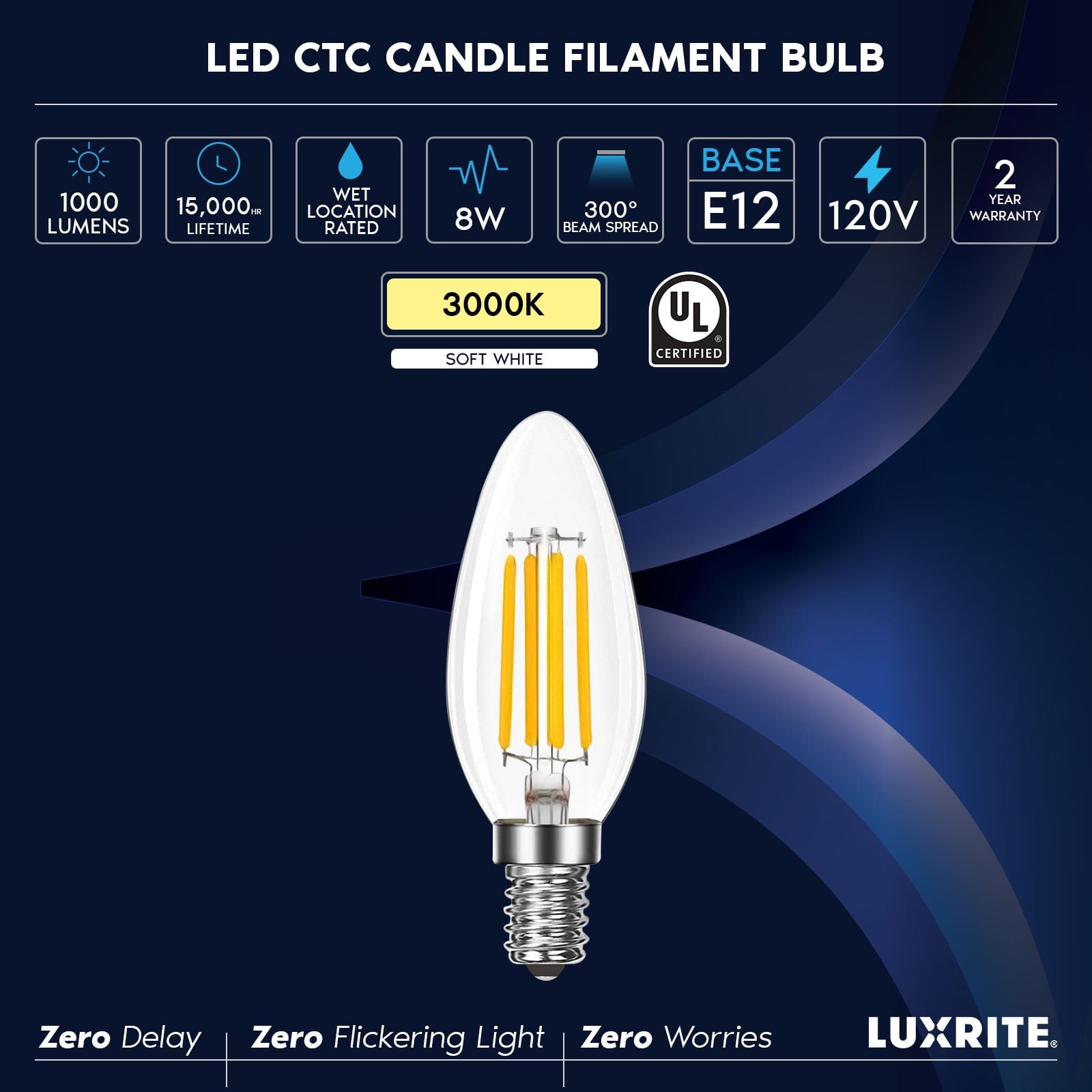 Luxrite LED E12 Candelabra Bulb 8W=75W, 1000 Lumens, 3000K Soft White, Dimmable, Enclosed Fixture & Wet Rated 12 Pack