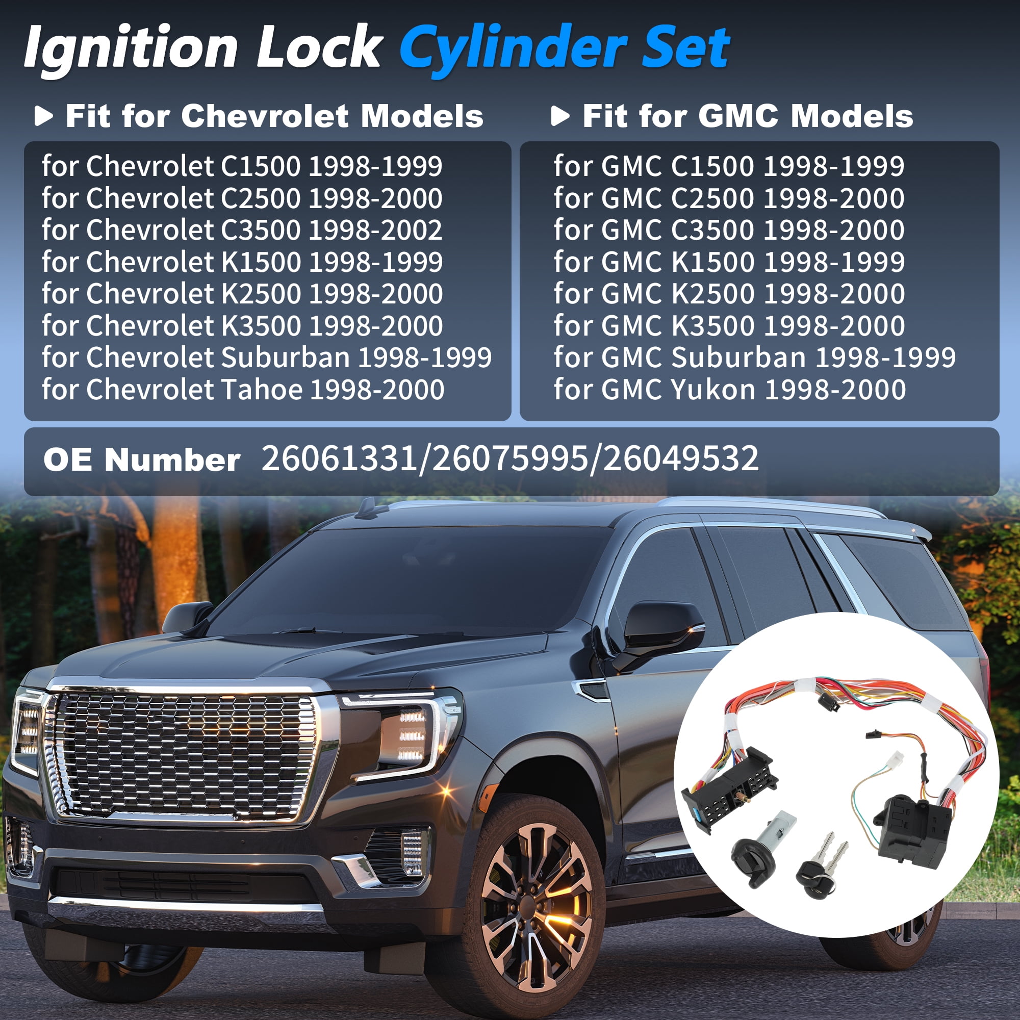 Unique Bargains Ignition Lock Cylinder and Start Switch with 2 Key for Chevrolet C1500 C2500 C3500 for GMC Yukon Ignition Switch Cylinder Lock No.26061331/26075995