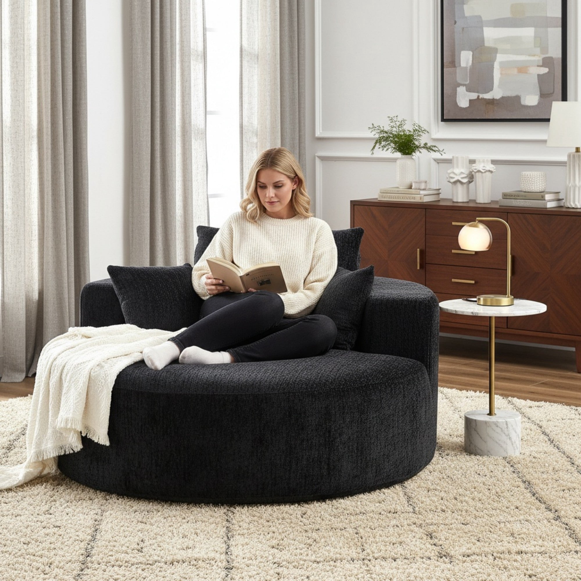Sailvan 55" Modern Polyester Single Seater Lounge Chair, Modular Cloud Sofa with Enveloping Pillows, No Assembly Lazy Chair for Living Room Black