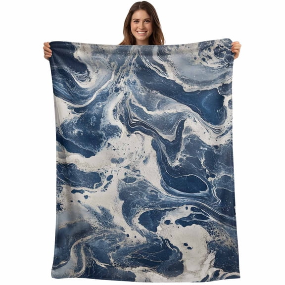 Marble Blue White Blanket Soft Cozy Warm Twin Blanket for Bed, Plush Fuzzy Flannel Fleece Blankets for Sofa, Vintage Abstract Artwork Throw Blankets for Couch, Lightweight Gifts for Women, 60"x80"