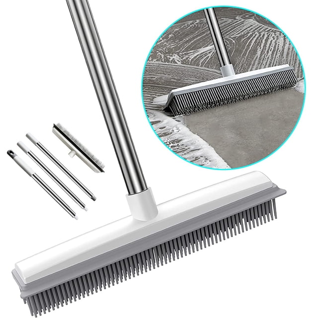 Escoba de goma con escurridor integrado para eliminar el pelo de mascotas, barredora de goma de cerdas suaves con mango largo ajustable de acero inoxidable de 47,2 pulgadas, cepillo de piso de cerdas