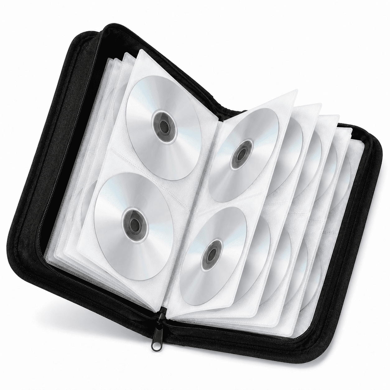Portable CD DVD Storage Case, 80 Pages Capacity Zippered Faux Leather Disc Wallet with Double-Sided Sleeves for Home, Office and Car, Black