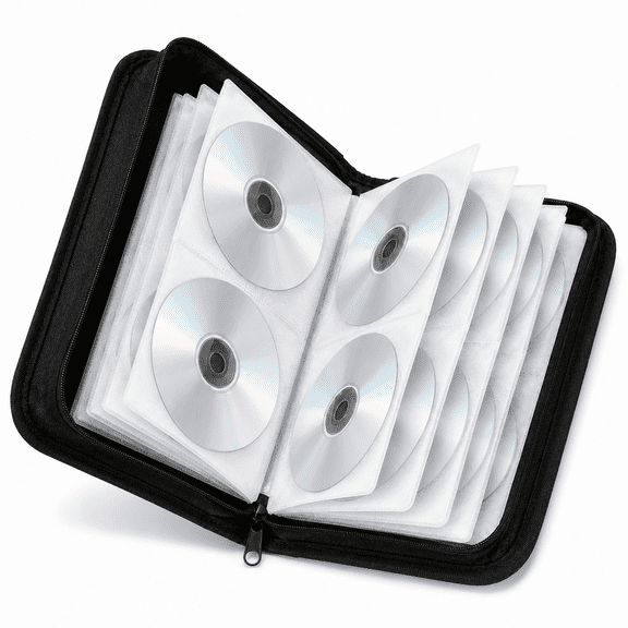 Portable CD DVD Storage Case, 80 Pages Capacity Zippered Faux Leather Disc Wallet with Double-Sided Sleeves for Home, Office and Car, Black