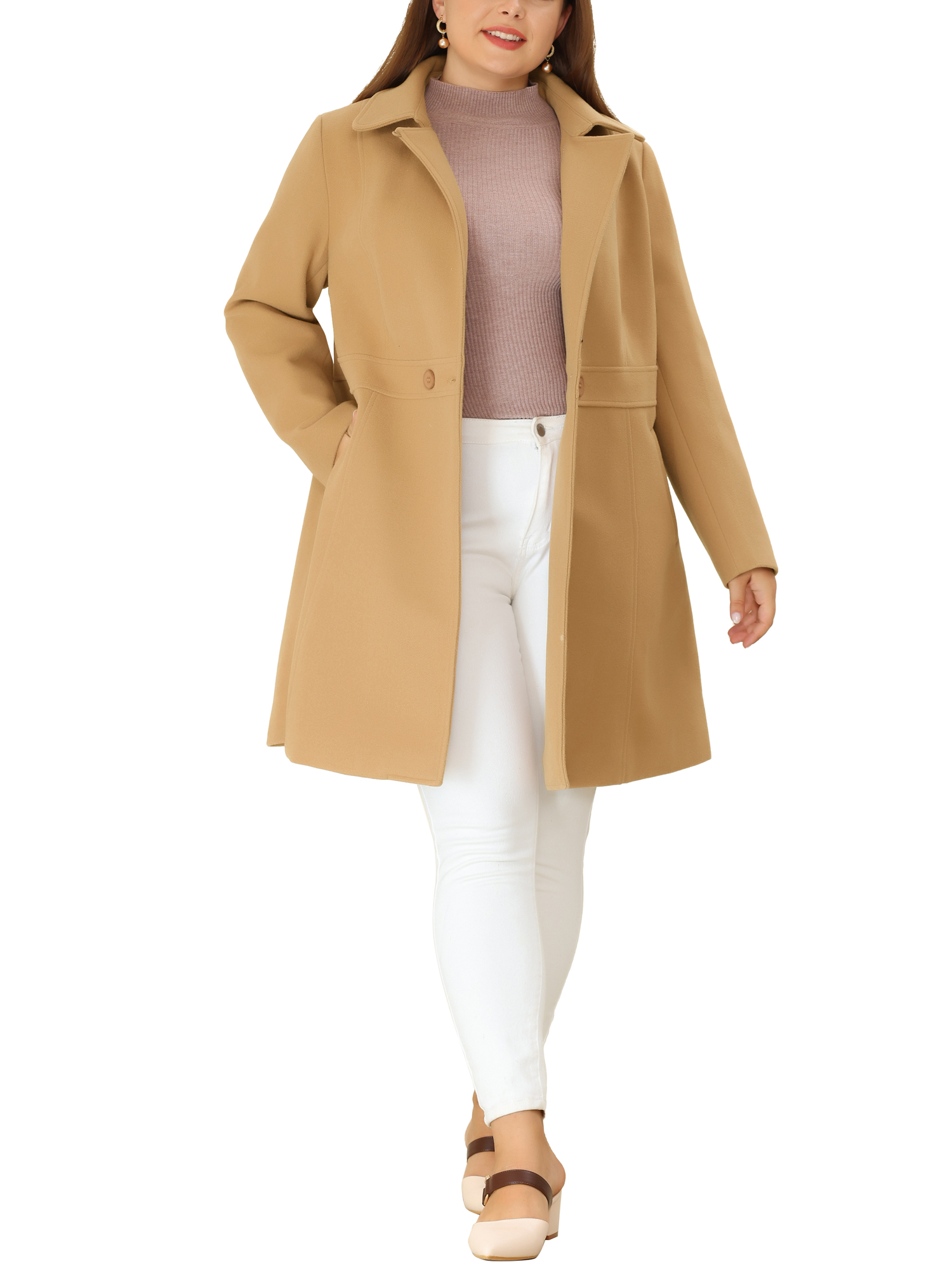 Unique Bargains Women's Plus Single Breasted Cinched Waist Winter Pea Long Coat 4X Khaki