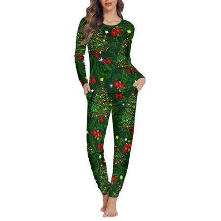 

FKELYI Green Christmas Tree Women Pajama Size XL Lightweight Long Sleeve Nightwear for Women Sleepwear Comfy Women Pjs Set of 2