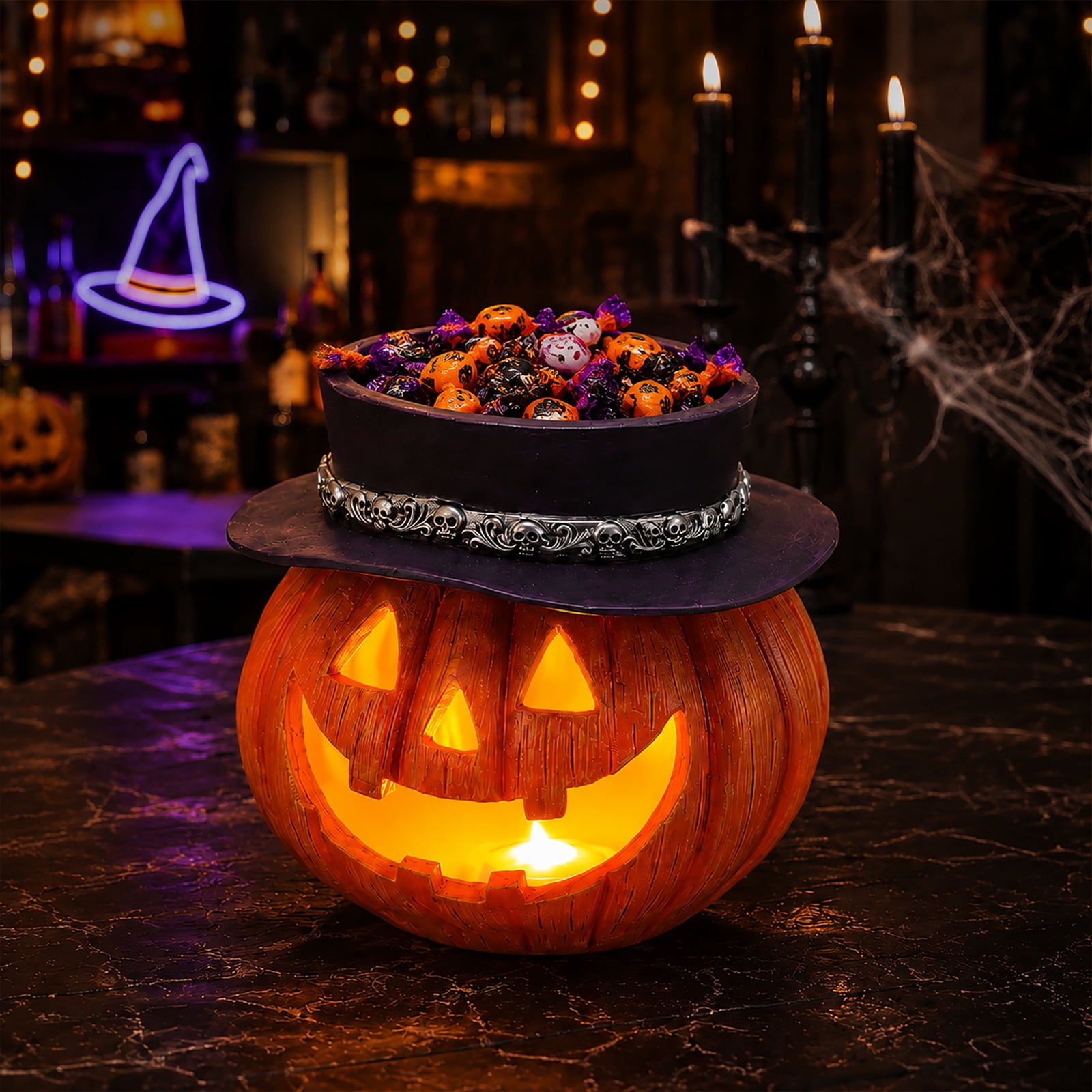 Halloween Pumpkin Candy Bowl with LED Lights Witch Hat Resin Tabletop Decor Jack-O-Lantern Design