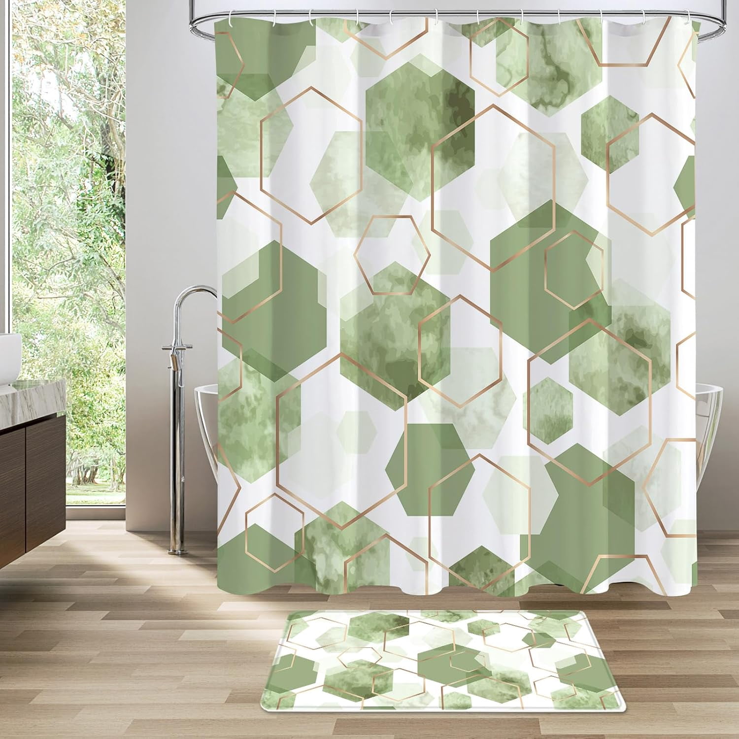 4Pcs Green Geometric Shower Curtain Set with Rug, 12 Hooks, Bath Mat and Rugs