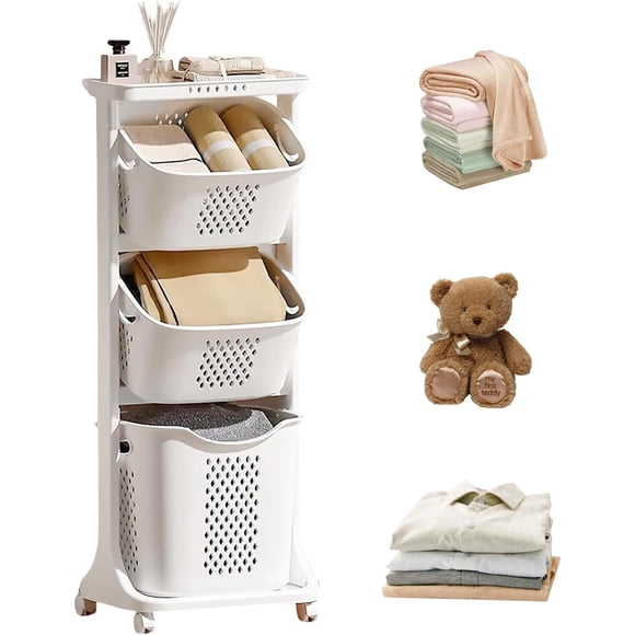 Rolling Laundry Hamper Cart with Wheels, 3 Tier White Laundry Baskets, Clothes Hamper with Portable Storage Baskets for Kitchens, Bathrooms, Bedrooms, Classrooms, Laundry Rooms(75L)