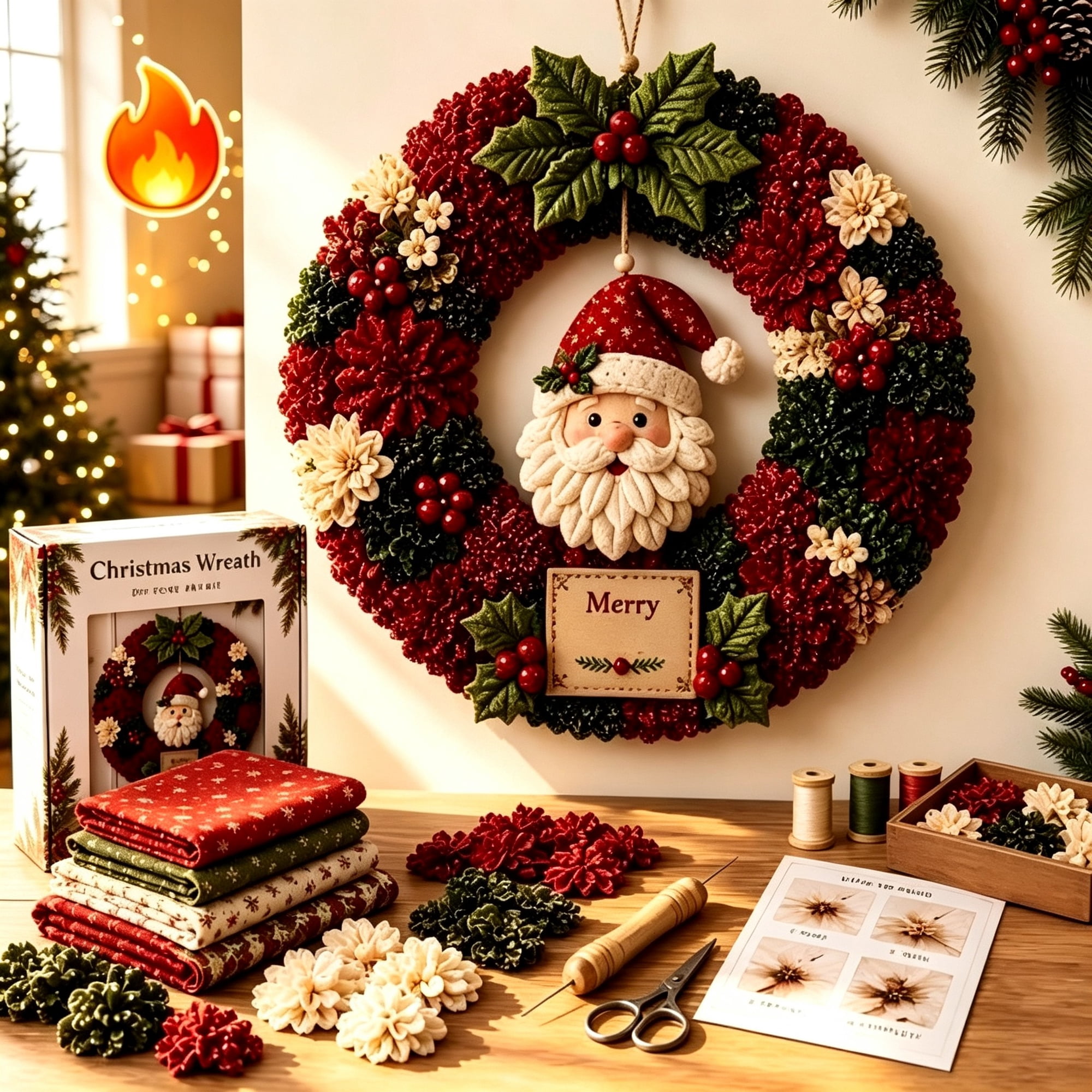 Clearance 3D Christmas Wreath Fabric Poke Art Kit, Santa Poke Art Kits for Adults, Christmas Wreaths Ornament Making Kit for Front Door