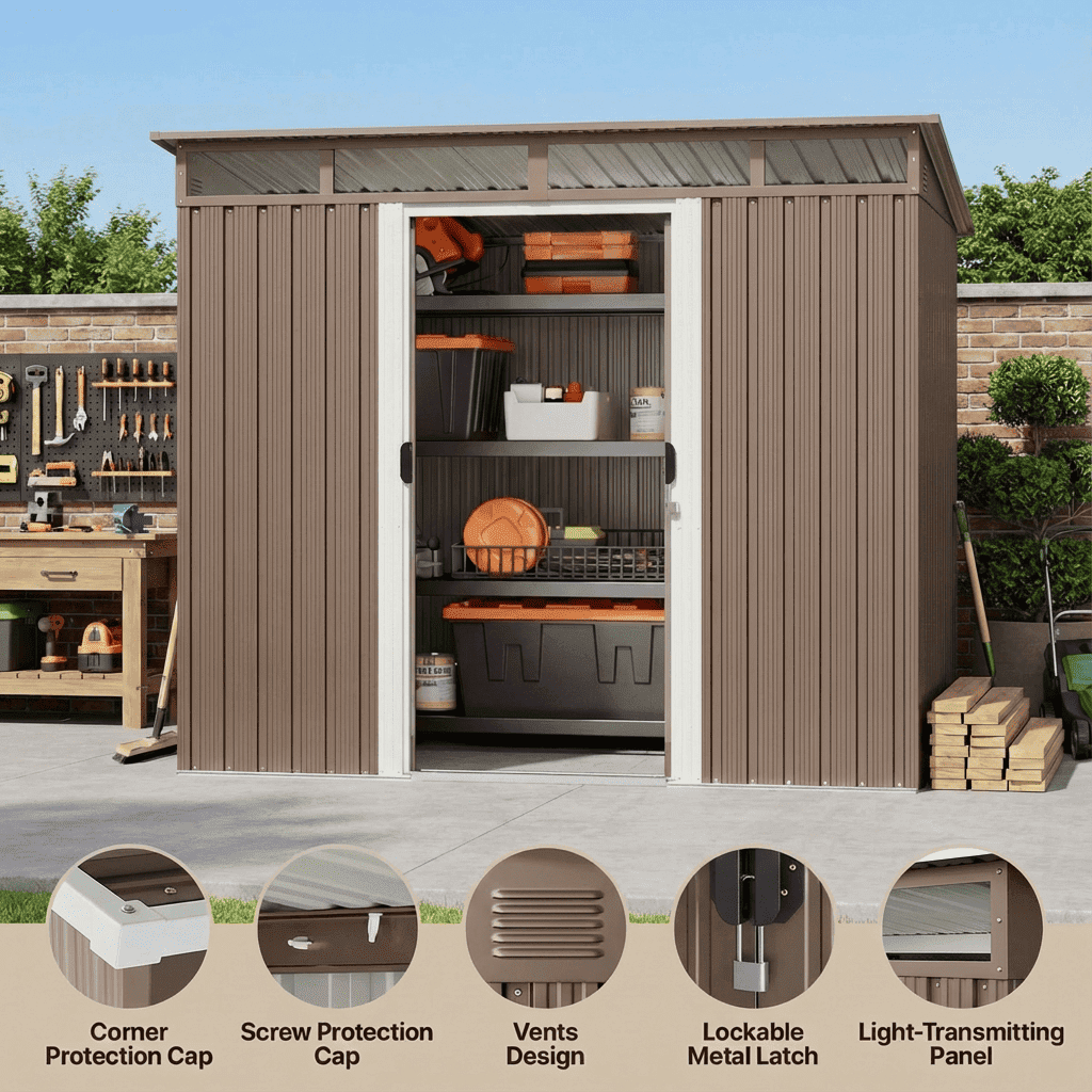 7.4'x5.3' FT Galvanized Steel Outdoor Storage Shed, Sliding Door Design, Multipurpose for Bike & Tool Storage - Brown