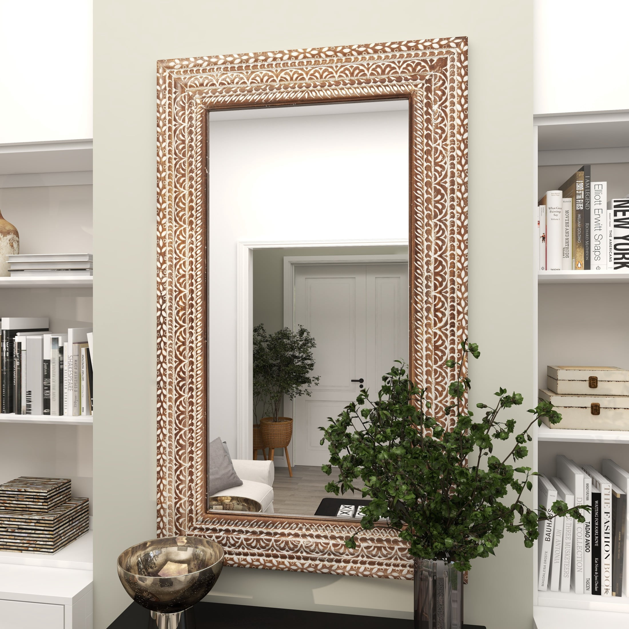 DecMode 36" x 59" Brown Floral Wall Mirror with Detailed Cream Carvings