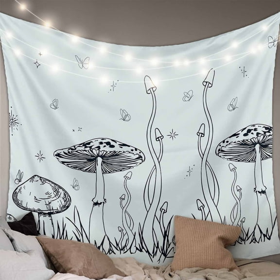 Mushroom Large Tapestry for Bedroom Wall Hanging Tapestry,Black Lines Botanical Butterfly Spring Floral Ceiling Backdrop Tapestries Poster Blanket Wall Decor for Teens Room Living Room 100" x 59"