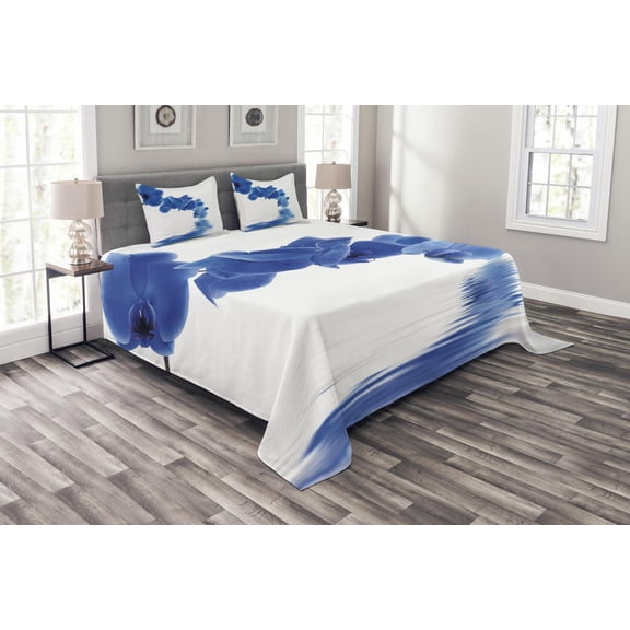 Ambesonne Blue Quilted Bedspread Set 3 Pcs, Orchid Bridal, King Size, Violet Blue White