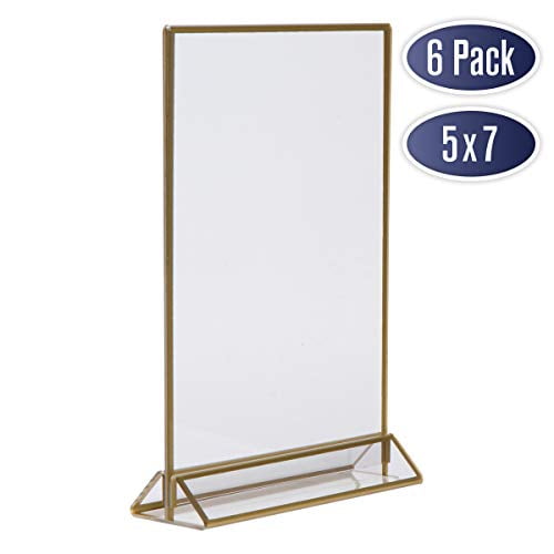 Gold Picture Frames Double Sided 6 Pack 5x7 Acrylic Gold Table Number Holders, Clear Easel