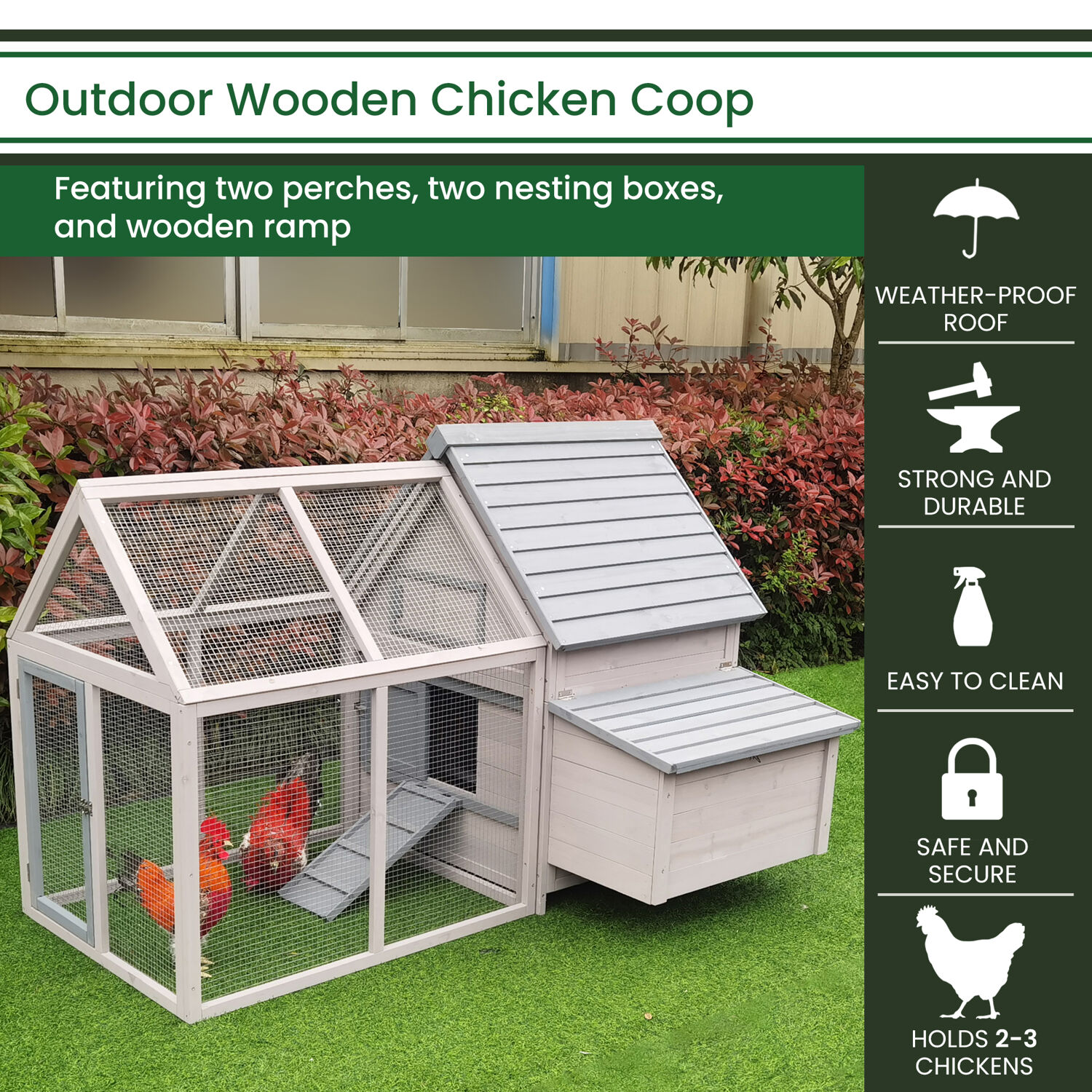 Hanover Outdoor Wooden Chicken Coop with Ramp, Large Wire Mesh Run, Waterproof Roof, Removable Tray- HANCC0106-GRY