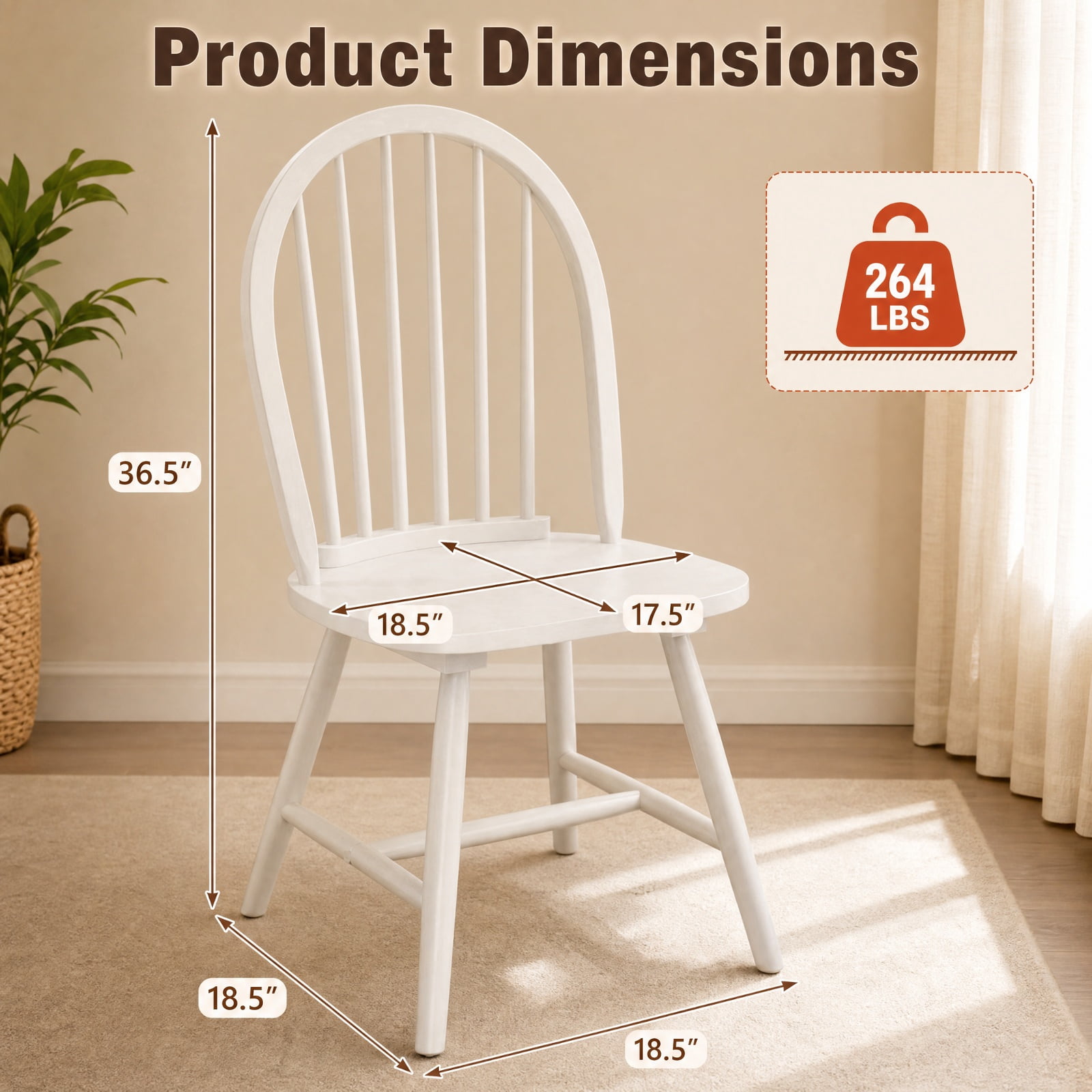 Furnibear Set of 2 Vintage Windsor Wood Chairs with High Spindle Back and Ergonomic Widened Seat for Dining Room and Kitchen, White